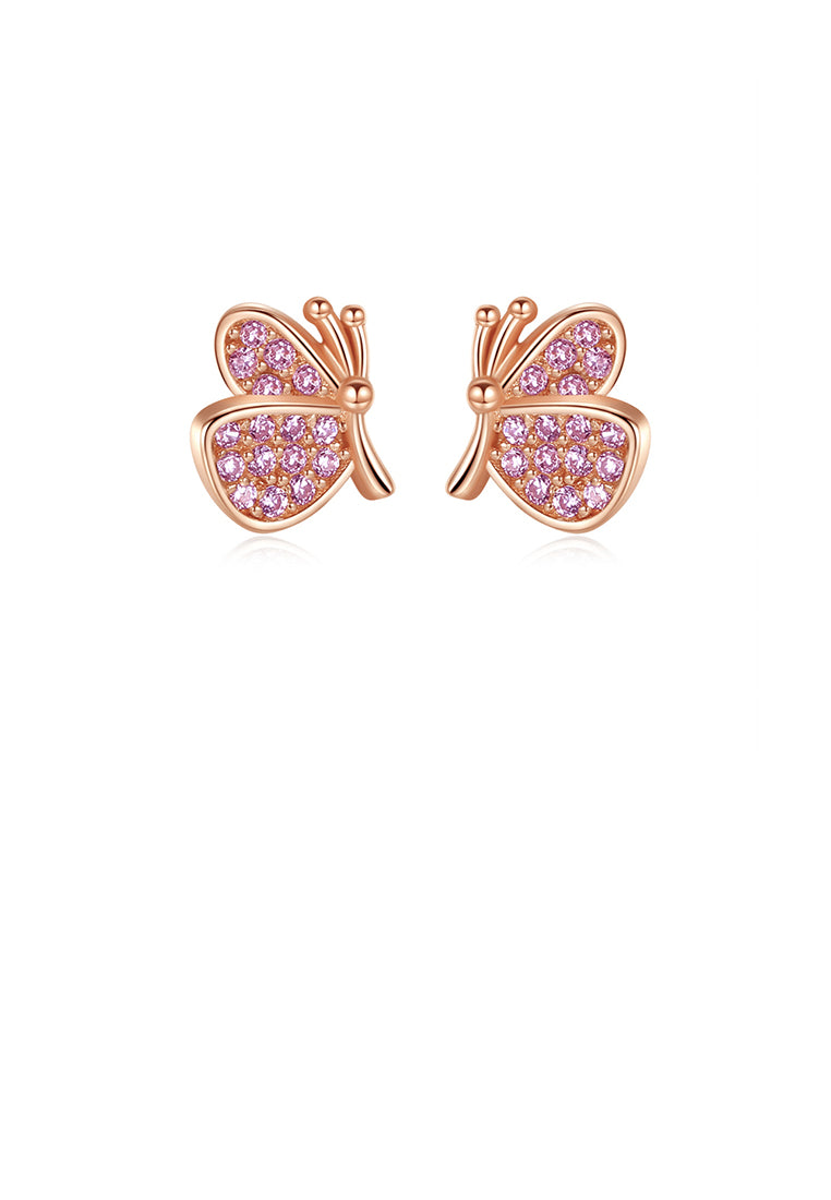 925 Sterling Silver Plated Rose Gold Fashion Elegant Butterfly Stud Earrings with Pink Cubic Zirconia - Luxurious Look - Vibrant Color