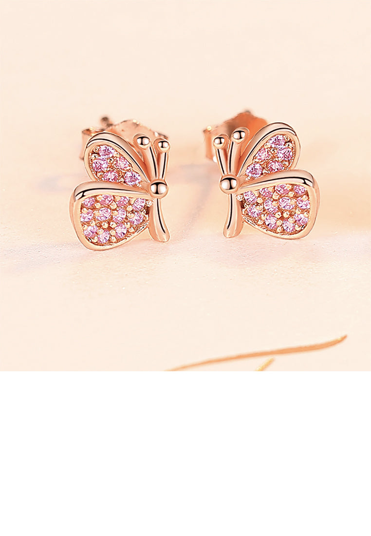 925 Sterling Silver Plated Rose Gold Fashion Elegant Butterfly Stud Earrings with Pink Cubic Zirconia - Luxurious Look - Vibrant Color