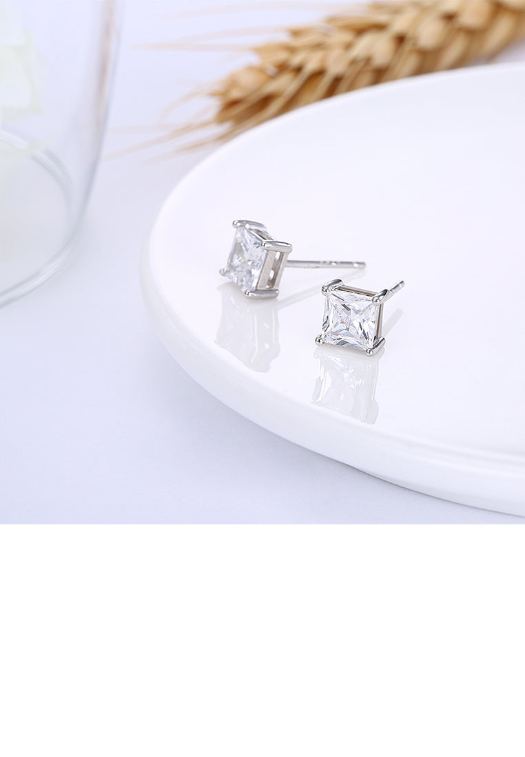 925 Sterling Silver Simple Geometric Square Cubic Zirconia Stud Earrings - Luxurious Look