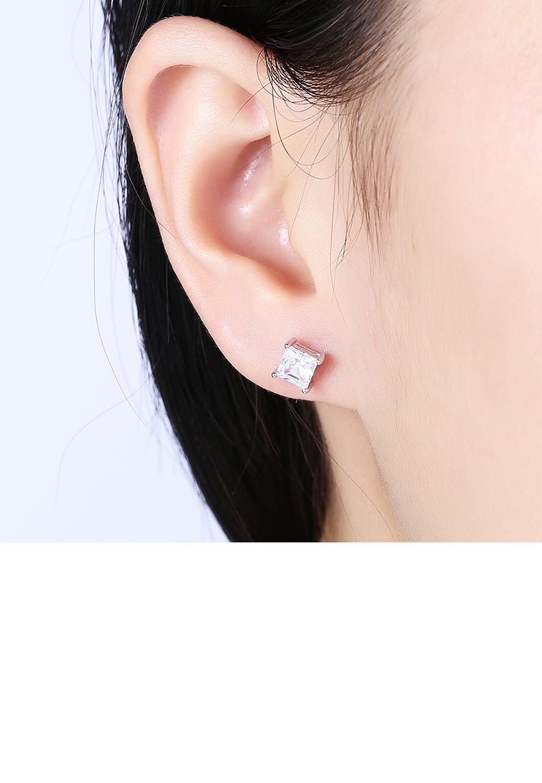 925 Sterling Silver Simple Geometric Square Cubic Zirconia Stud Earrings - Luxurious Look