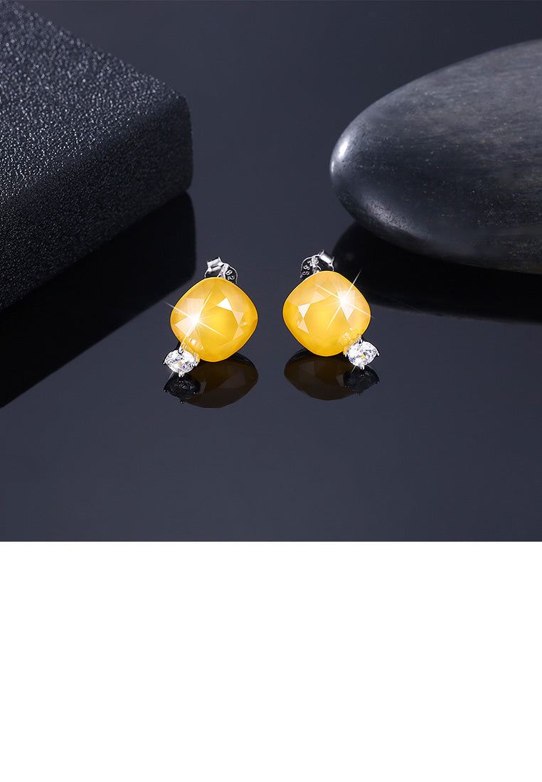925 Sterling Silver Fashion Simple Geometric Square Stud Earrings with Yellow Austrian Element Crystal