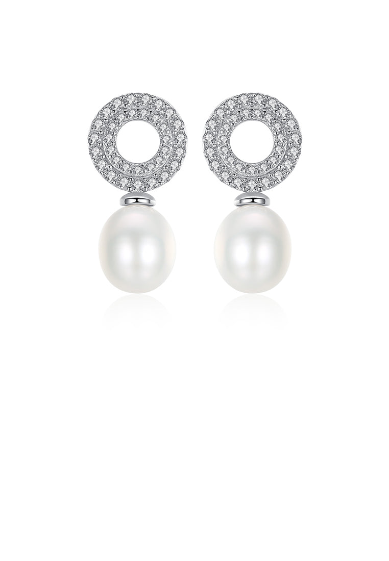 925 Sterling Silver Classic Brilliant Geometric Round White Freshwater Pearl Earrings with Cubic Zirconia - Luxurious Look