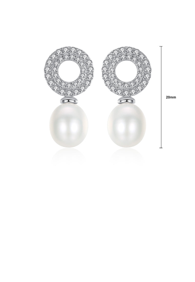 925 Sterling Silver Classic Brilliant Geometric Round White Freshwater Pearl Earrings with Cubic Zirconia - Luxurious Look