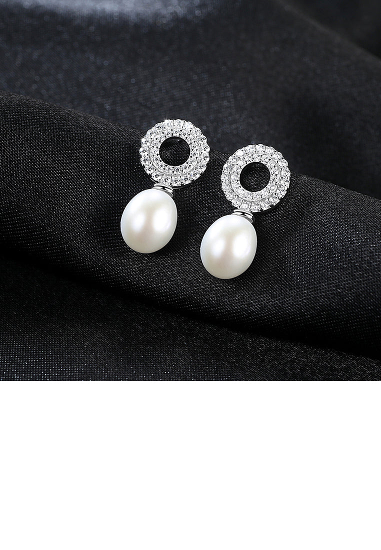 925 Sterling Silver Classic Brilliant Geometric Round White Freshwater Pearl Earrings with Cubic Zirconia - Luxurious Look
