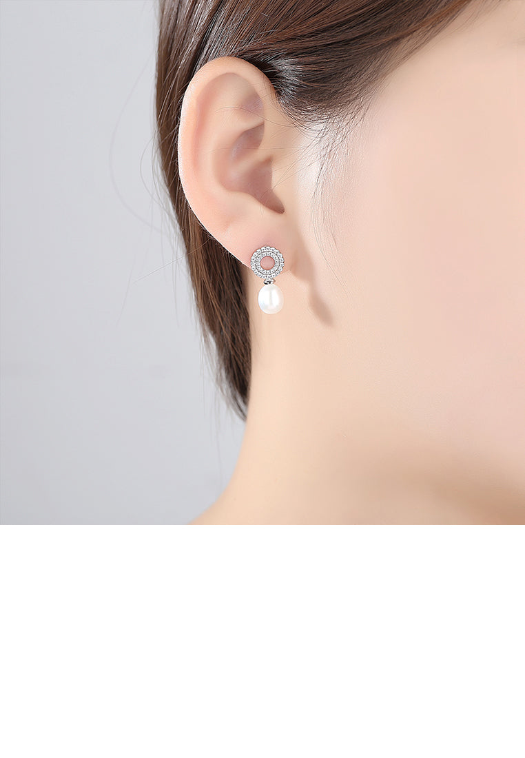 925 Sterling Silver Classic Brilliant Geometric Round White Freshwater Pearl Earrings with Cubic Zirconia - Luxurious Look