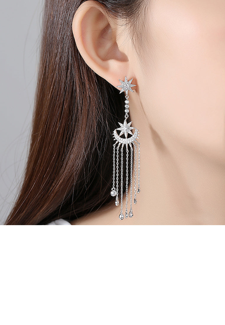 Simple Personality Star Moon Tassel Asymmetric Earrings with Cubic Zirconia - Luxurious Look