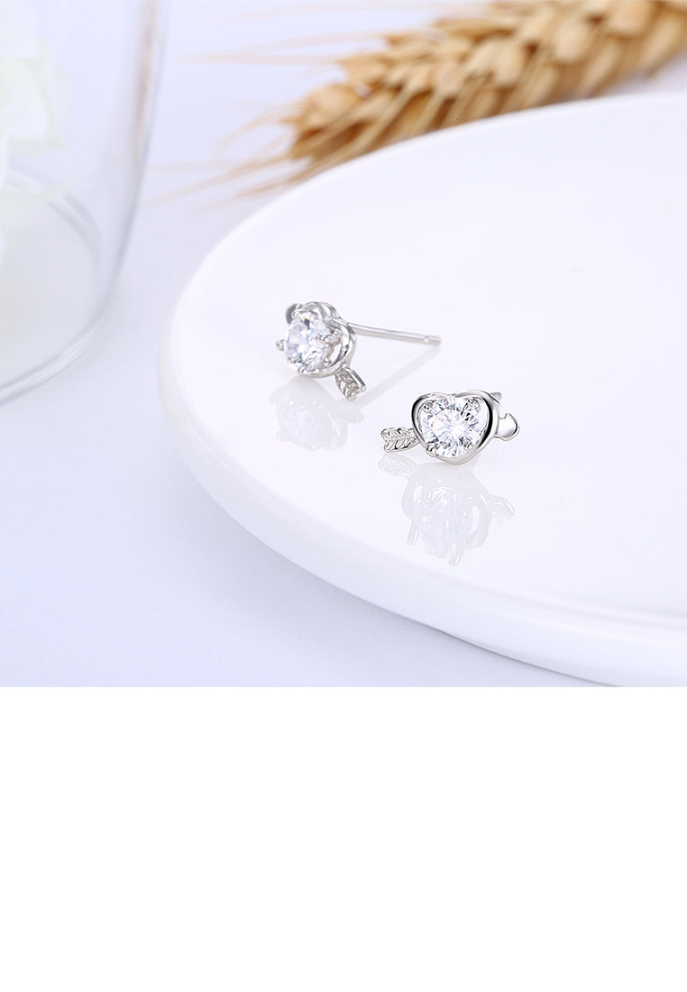 925 Sterling Silver Fashion Heart Arrow Stud Earrings with Cubic Zircon