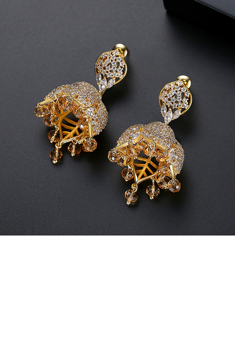 Fashion Bright Plated Gold Vintage Palace Wind Chime Earrings with Cubic Zirconia - Luxurious Look