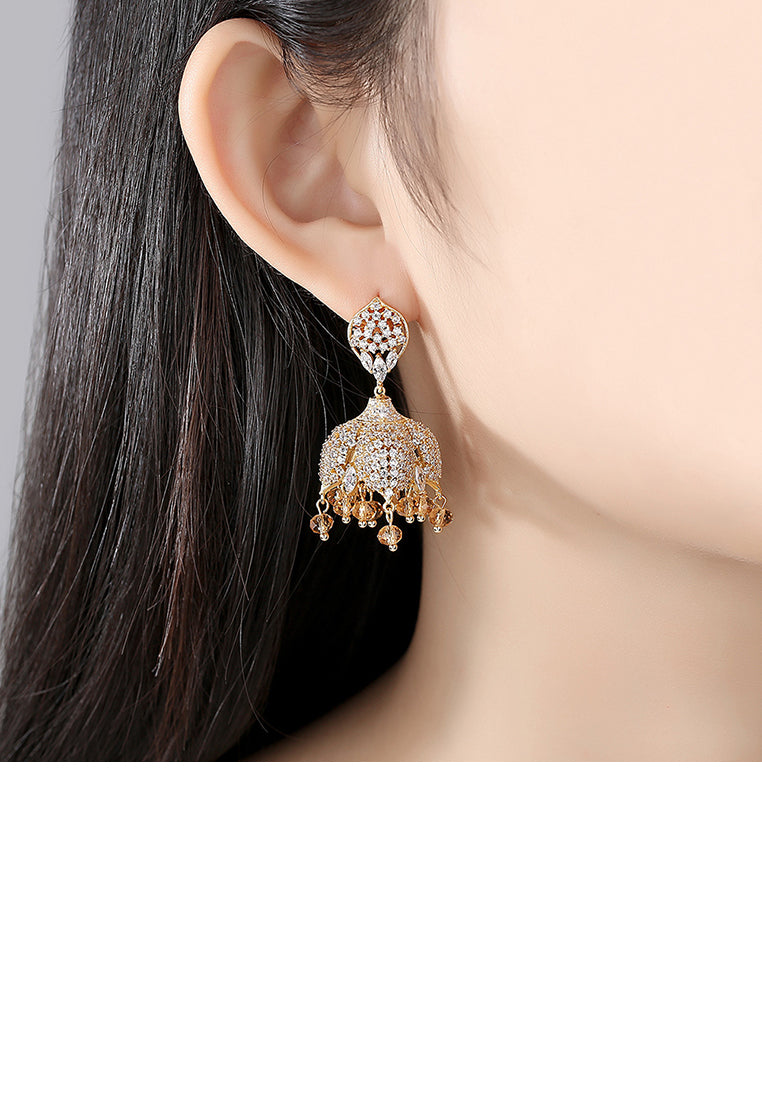 Fashion Bright Plated Gold Vintage Palace Wind Chime Earrings with Cubic Zirconia - Luxurious Look