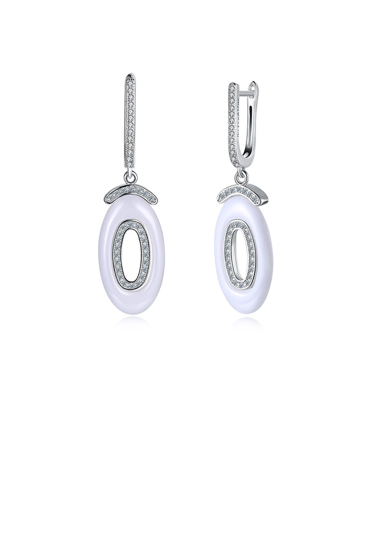 925 Sterling Silver Fashion Geometric Oval White Ceramic Earrings with Austrian Element Crystal