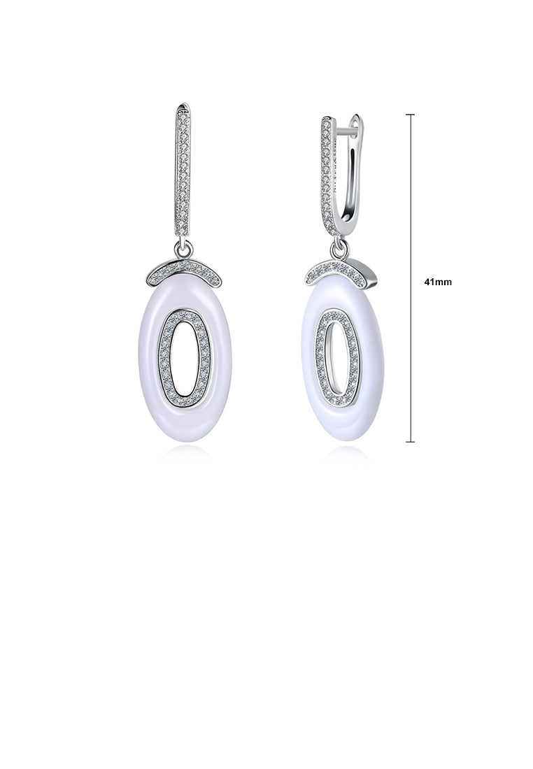 925 Sterling Silver Fashion Geometric Oval White Ceramic Earrings with Austrian Element Crystal