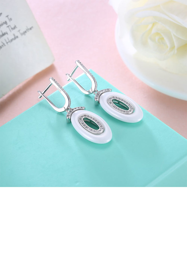 925 Sterling Silver Fashion Geometric Oval White Ceramic Earrings with Austrian Element Crystal