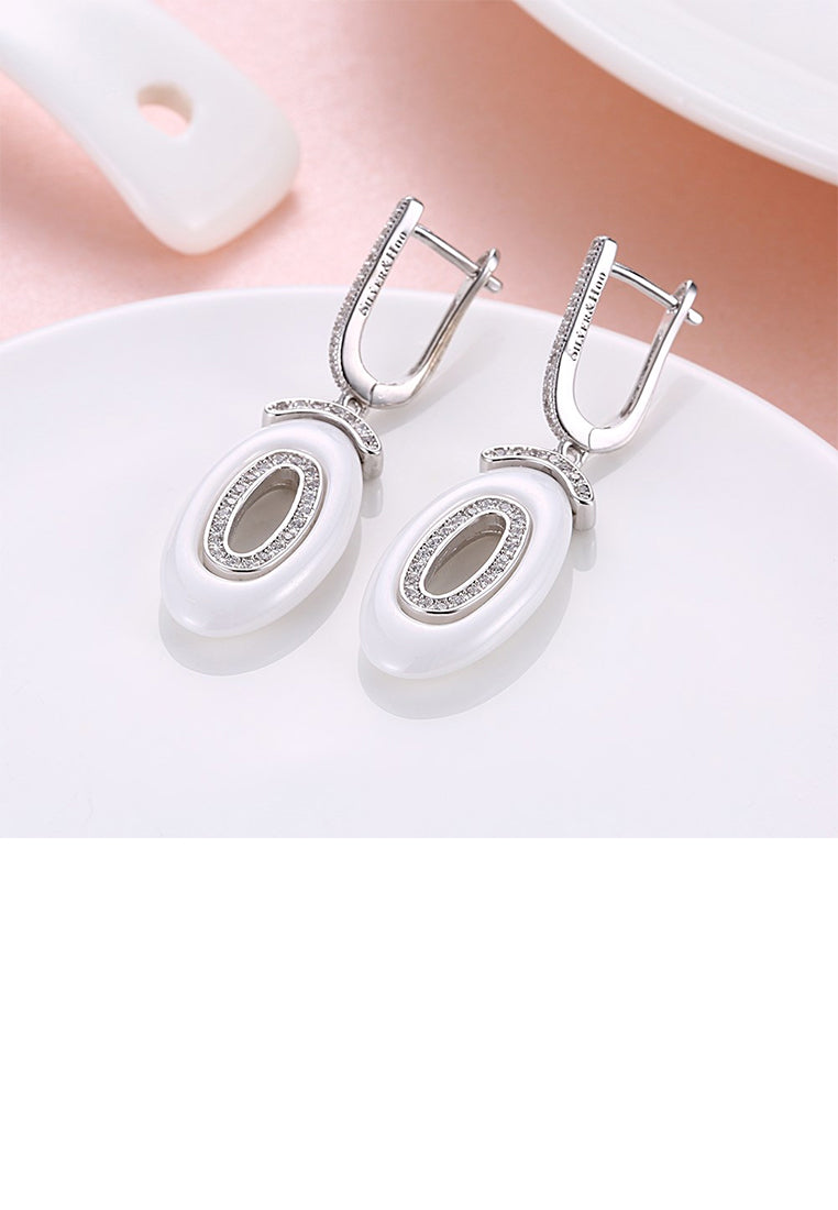 925 Sterling Silver Fashion Geometric Oval White Ceramic Earrings with Austrian Element Crystal