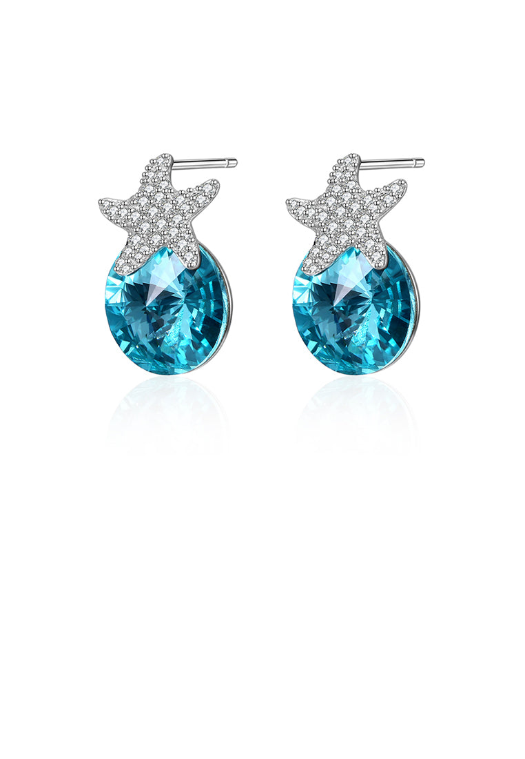 925 Sterling Silver Fashion Star Light Blue Austrian Element Crystal Stud Earrings