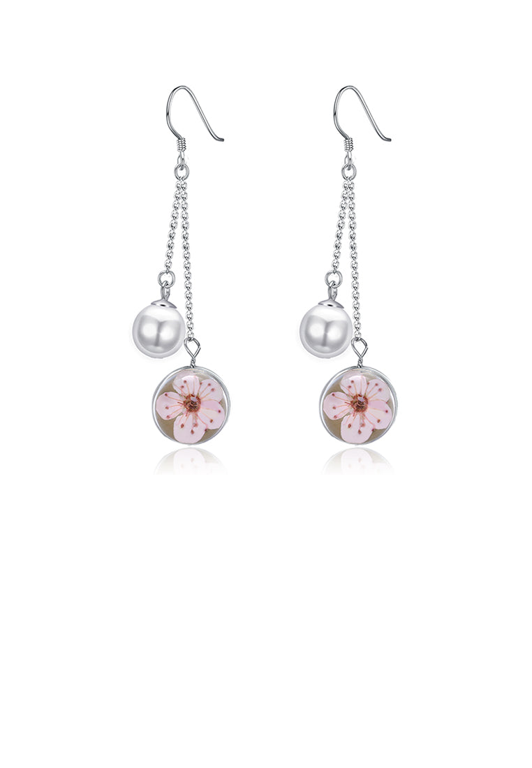 925 Sterling Silver Elegant Flower Round Pearl Long Earrings - Luxurious Look