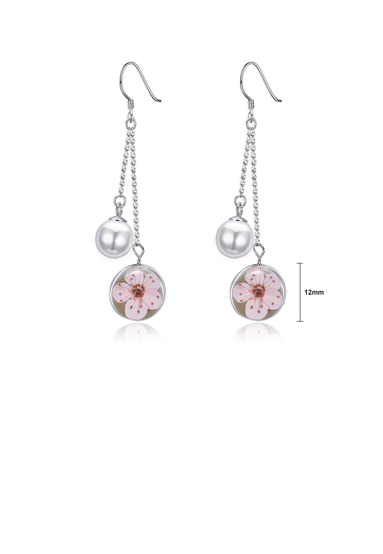 925 Sterling Silver Elegant Flower Round Pearl Long Earrings - Luxurious Look