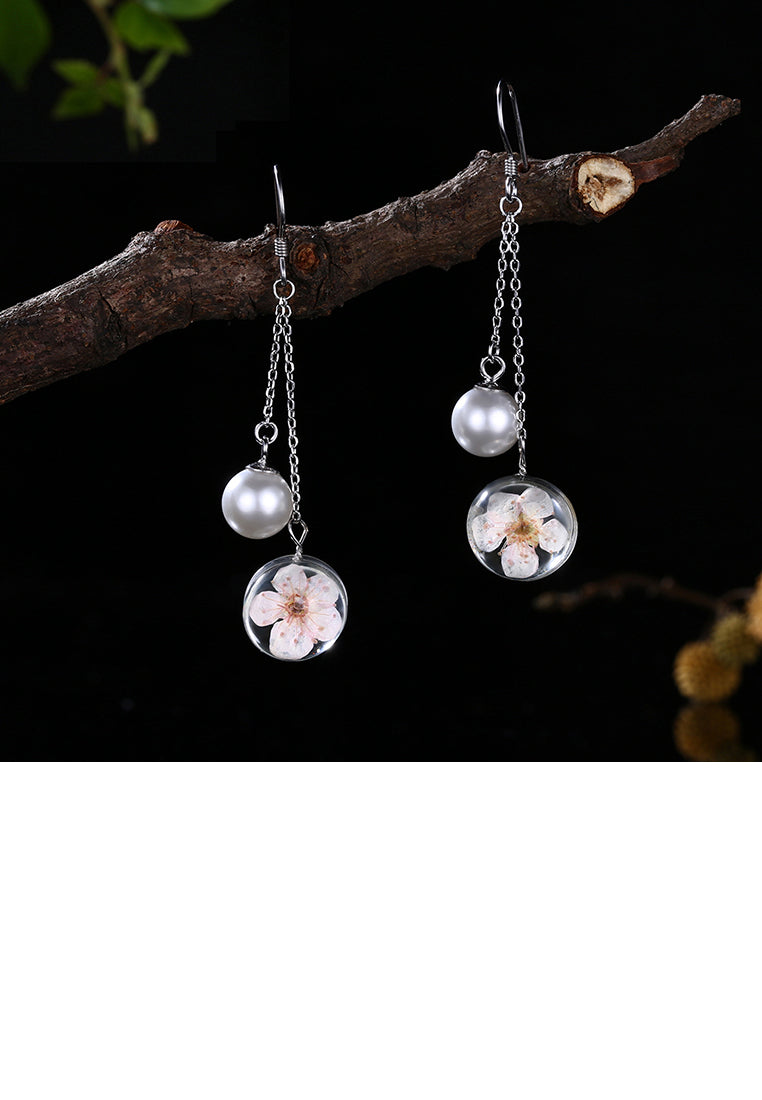 925 Sterling Silver Elegant Flower Round Pearl Long Earrings - Luxurious Look