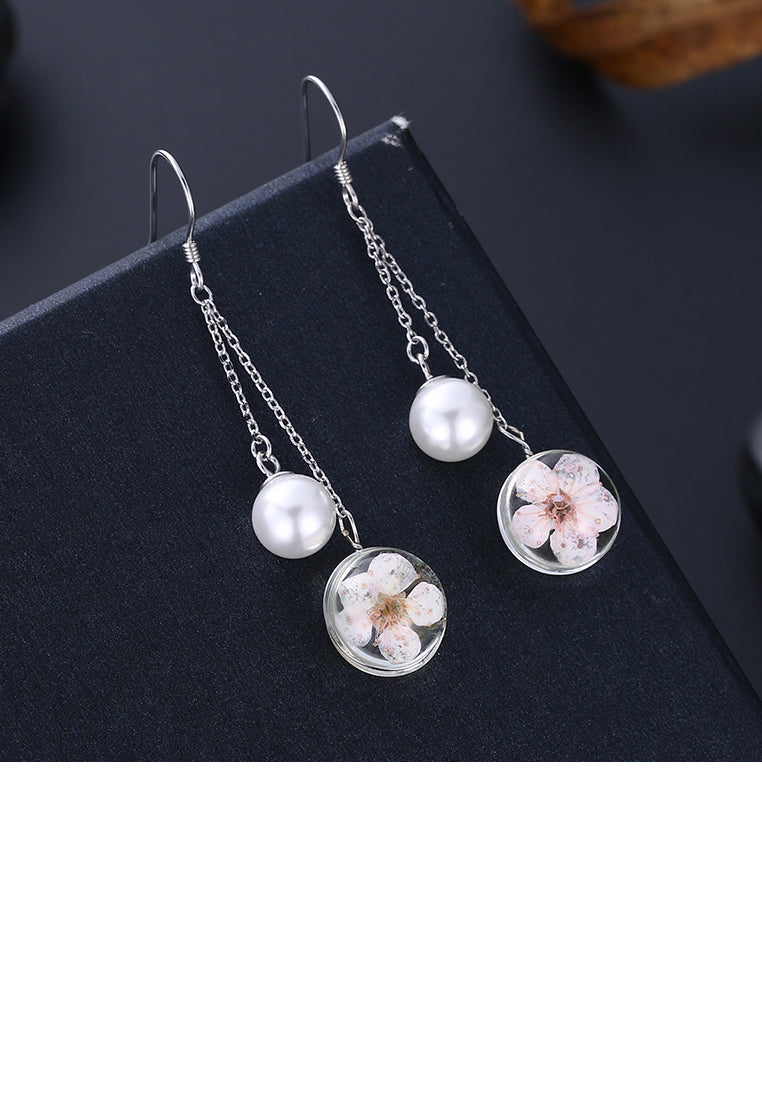 925 Sterling Silver Elegant Flower Round Pearl Long Earrings - Luxurious Look