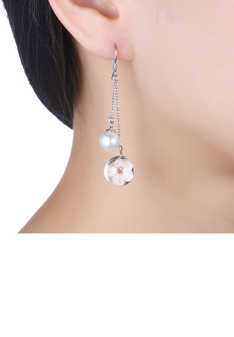 925 Sterling Silver Elegant Flower Round Pearl Long Earrings - Luxurious Look