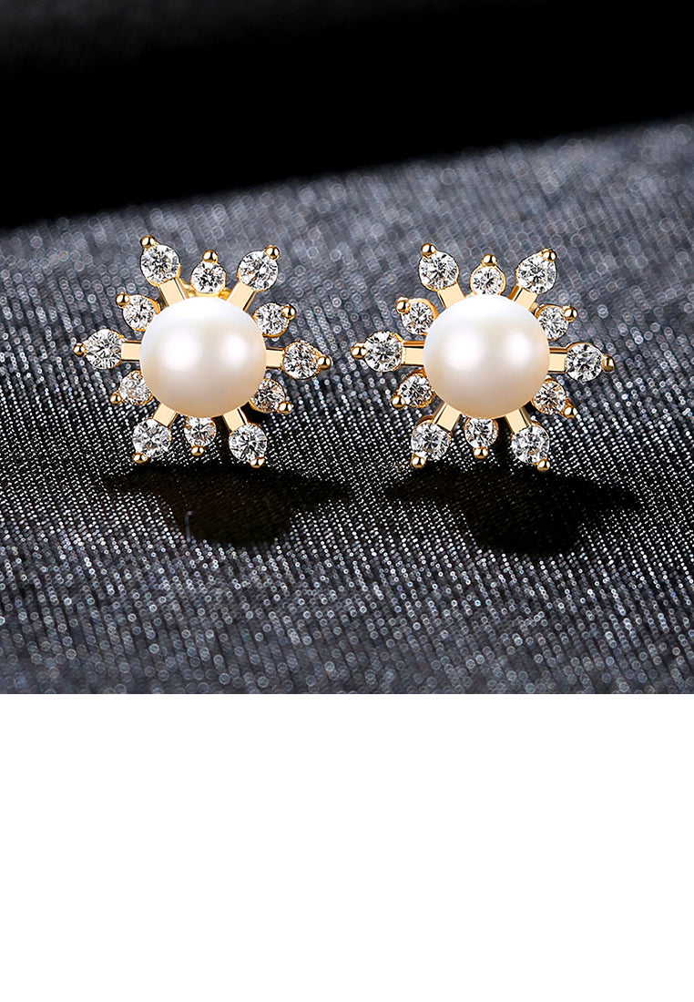 925 Sterling Silver Plated Gold Fashion Elegant Snowflake Freshwater Pearl Stud Earrings with Cubic Zirconia - Luxurious Look