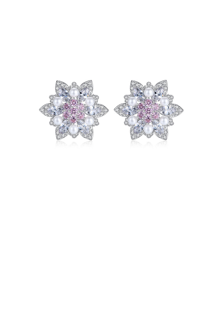 Simple and Elegant Flower Imitation Pearl Stud Earrings with Pink Cubic Zirconia - Luxurious Look - Vibrant Color