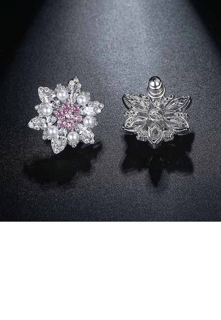 Simple and Elegant Flower Imitation Pearl Stud Earrings with Pink Cubic Zirconia - Luxurious Look - Vibrant Color