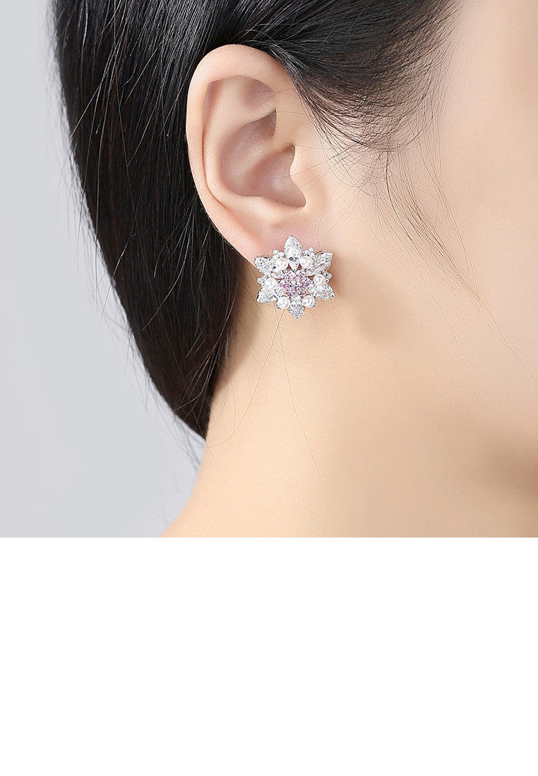 Simple and Elegant Flower Imitation Pearl Stud Earrings with Pink Cubic Zirconia - Luxurious Look - Vibrant Color