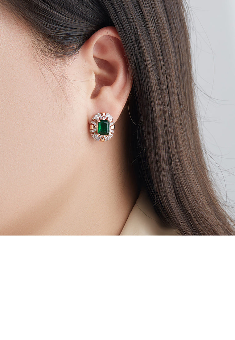 Fashion and Elegant Plated Rose Gold Geometric Round Earrings with Green Cubic Zirconia - Luxurious Look