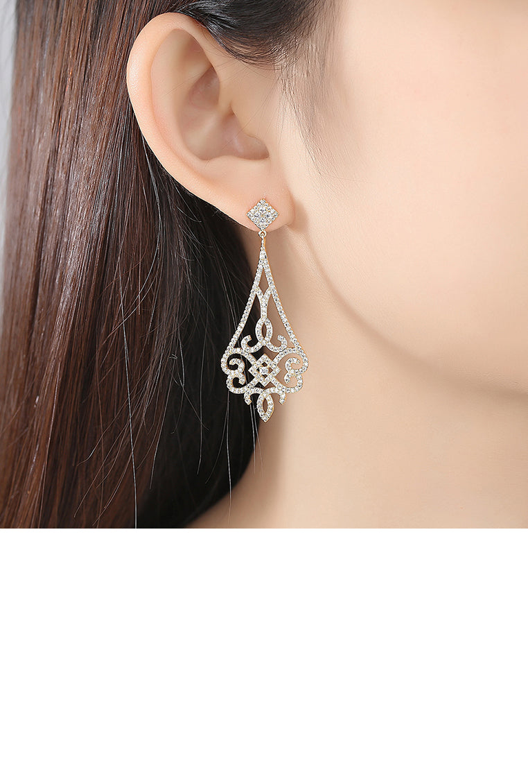 Fashion and Elegant Plated Gold Geometric Pattern Earrings with Cubic Zirconia - Luxurious Look