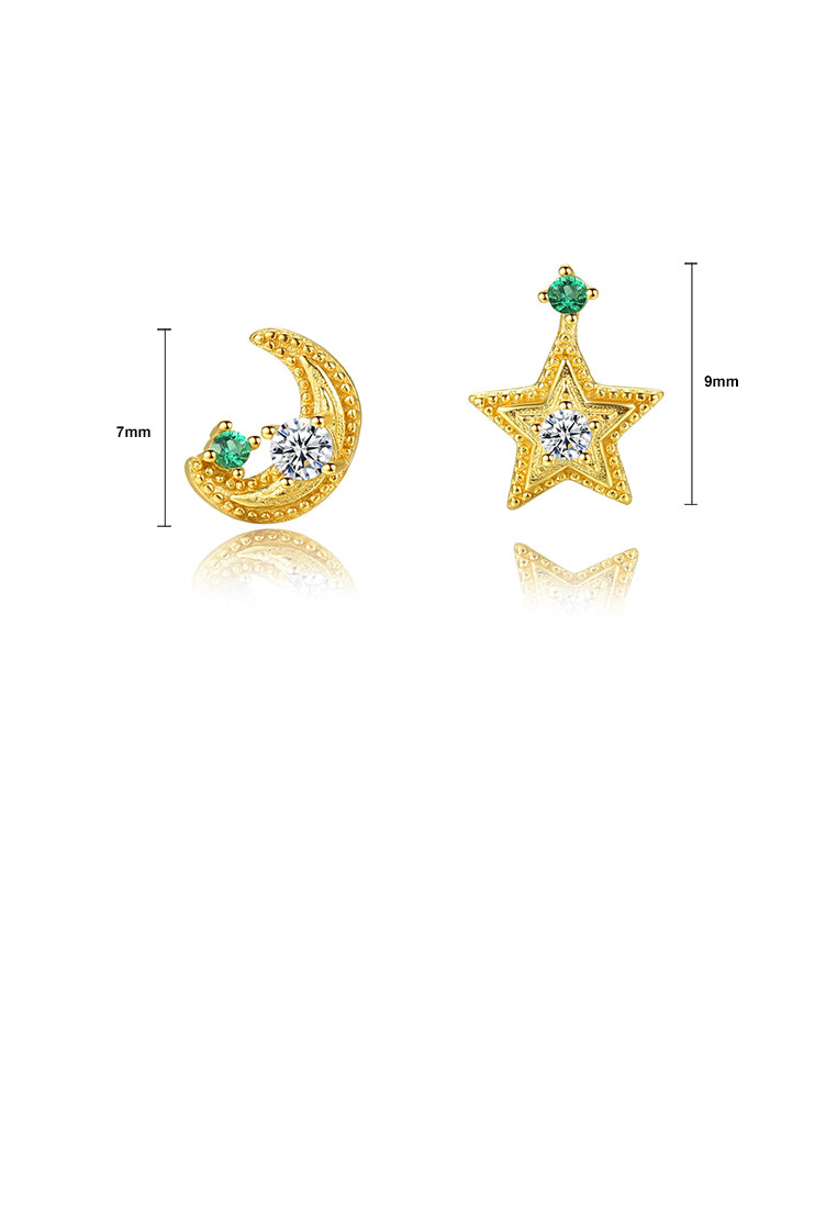 925 Sterling Silver Plated Gold Simple Star Moon Asymmetric Stud Earrings with Cubic Zirconia - Luxurious Look