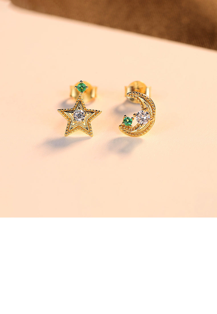 925 Sterling Silver Plated Gold Simple Star Moon Asymmetric Stud Earrings with Cubic Zirconia - Luxurious Look