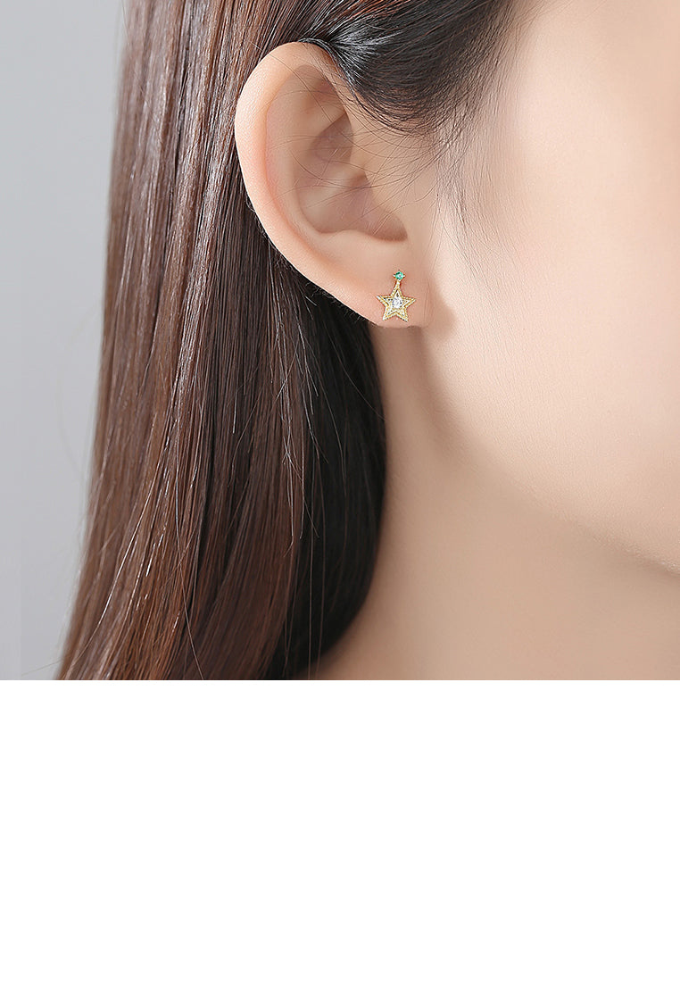 925 Sterling Silver Plated Gold Simple Star Moon Asymmetric Stud Earrings with Cubic Zirconia - Luxurious Look