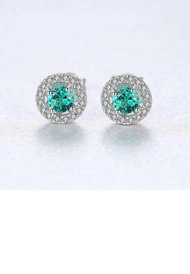 925 Sterling Silver Simply Brilliant Geometric Round Green Cubic Zirconia Stud Earrings - Luxurious Look