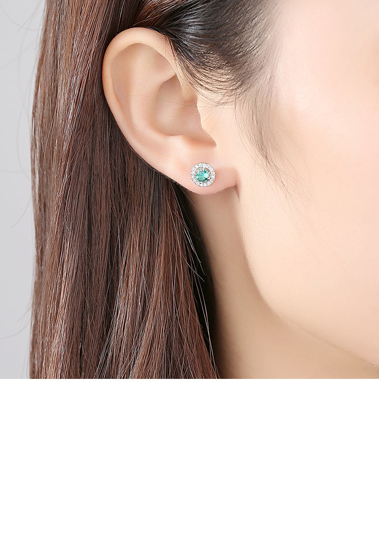 925 Sterling Silver Simply Brilliant Geometric Round Green Cubic Zirconia Stud Earrings - Luxurious Look