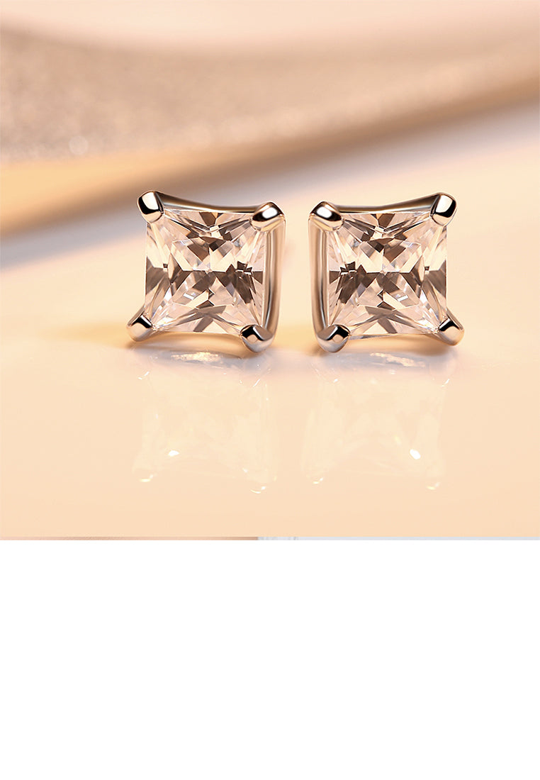 925 Sterling Silver Simple Fashion Geometric Square Cubic Zirconia Stud Earrings - Luxurious Look