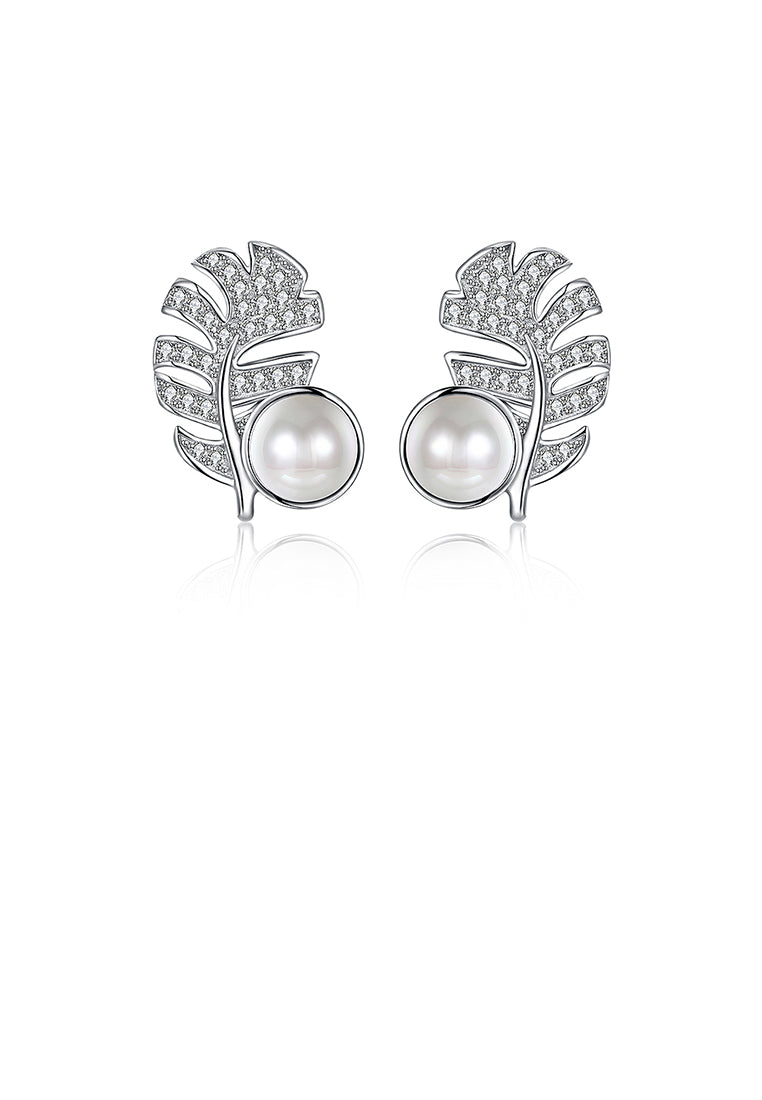 925 Sterling Silver Leaf Stud Earrings with Austrian Element Crystals and Fashion Pearls