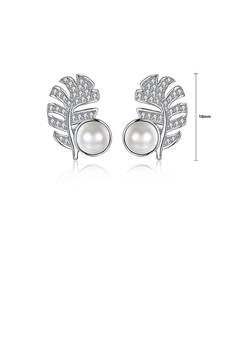 925 Sterling Silver Leaf Stud Earrings with Austrian Element Crystals and Fashion Pearls