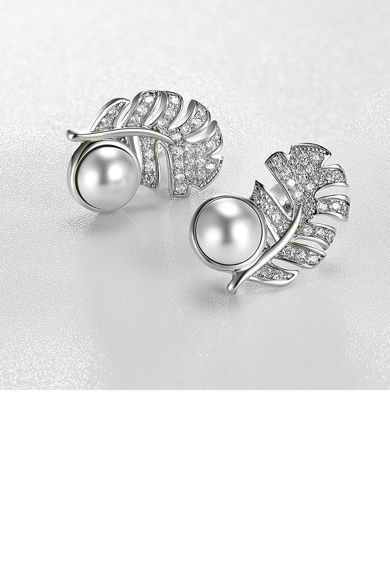925 Sterling Silver Leaf Stud Earrings with Austrian Element Crystals and Fashion Pearls