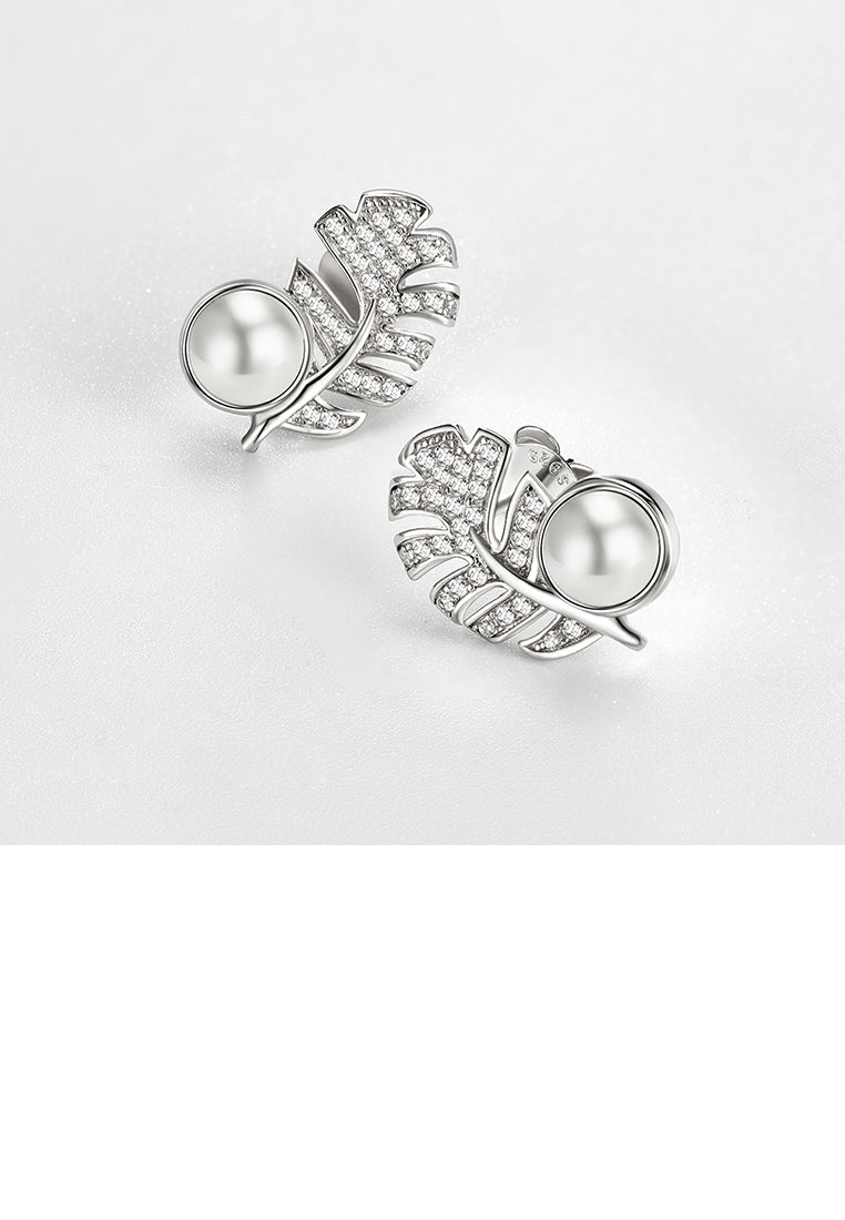 925 Sterling Silver Leaf Stud Earrings with Austrian Element Crystals and Fashion Pearls