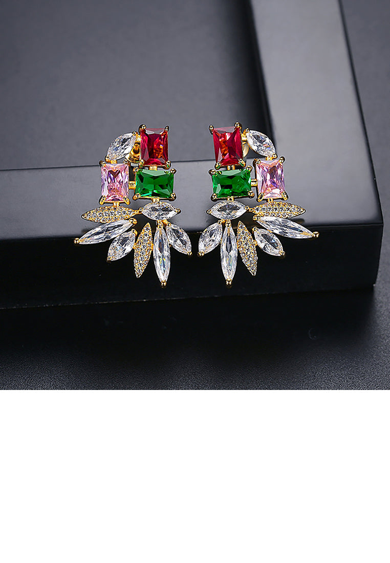 Elegant and Bright Plated Gold Geometric Colorful Cubic Zirconia Stud Earrings - Luxurious Look