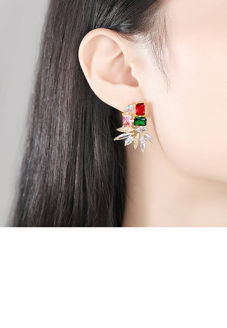 Elegant and Bright Plated Gold Geometric Colorful Cubic Zirconia Stud Earrings - Luxurious Look
