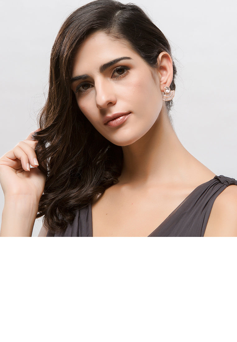 Fashion Bright Plated Rose Gold Geometric Fan-shaped Stud Earrings with Cubic Zirconia - Luxurious Look