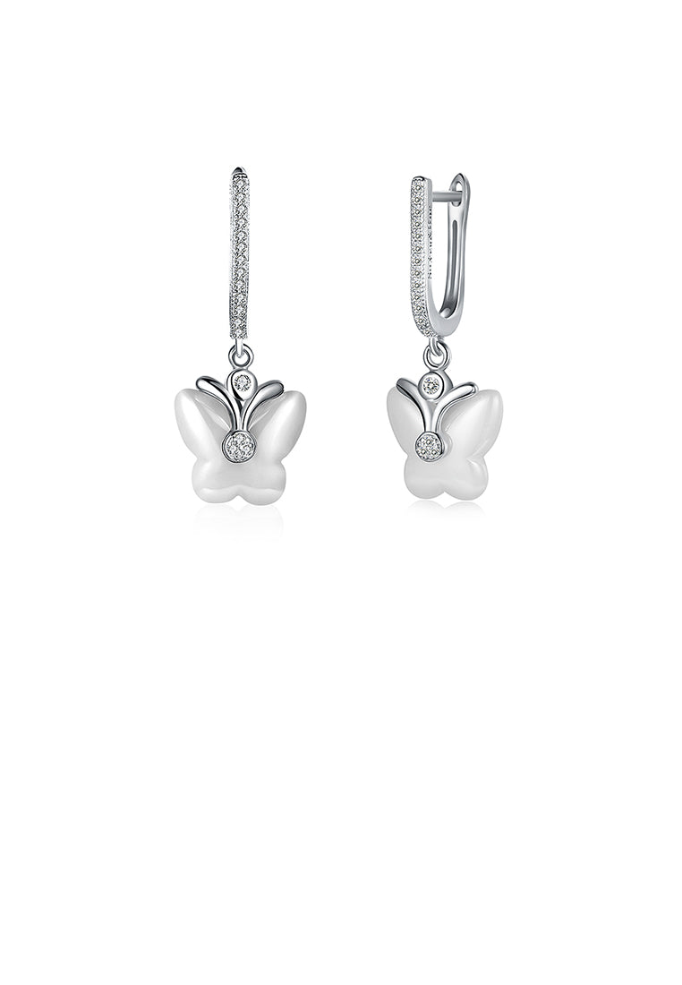 Sterling Silver Fashion Butterfly Earrings with White Ceramic and Crystal