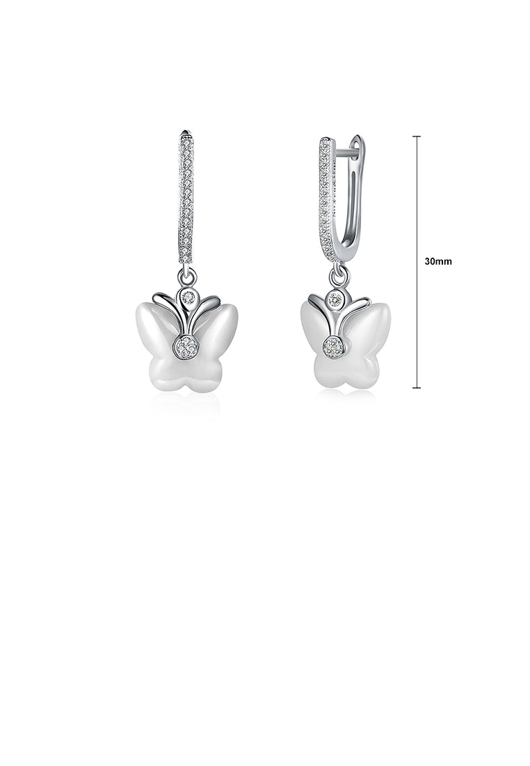 Sterling Silver Fashion Butterfly Earrings with White Ceramic and Crystal
