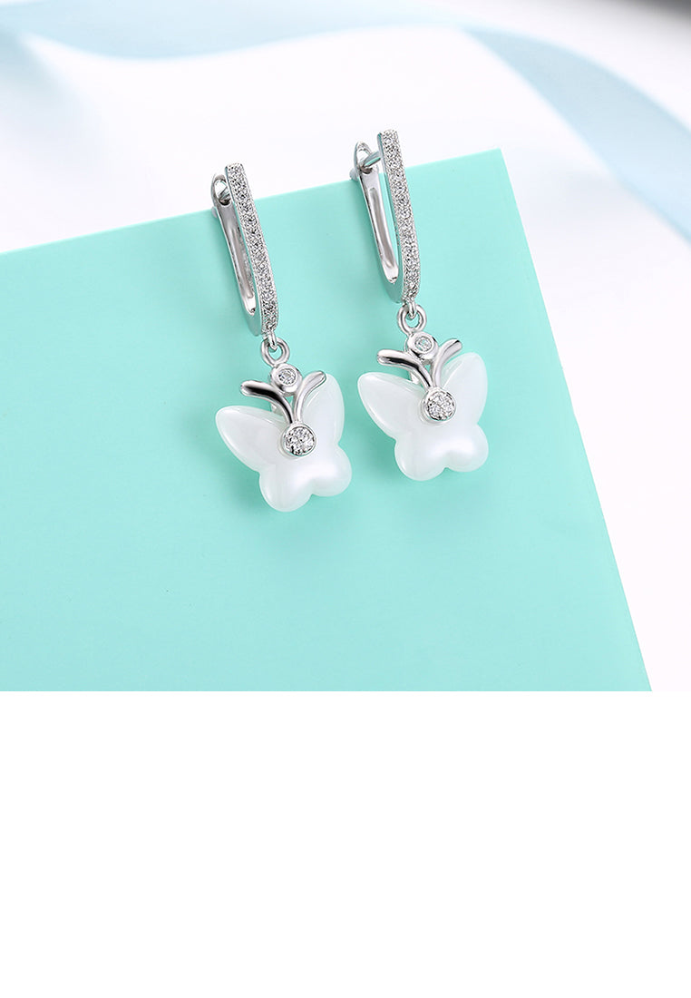 Sterling Silver Fashion Butterfly Earrings with White Ceramic and Crystal