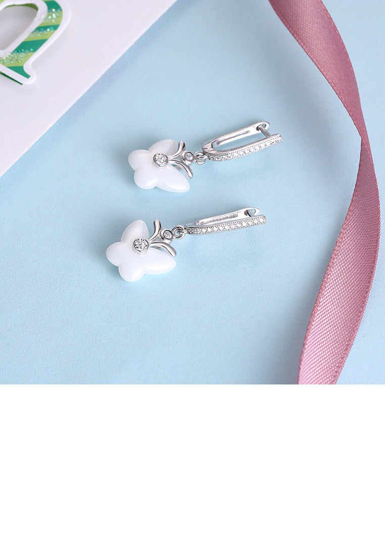 Sterling Silver Fashion Butterfly Earrings with White Ceramic and Crystal