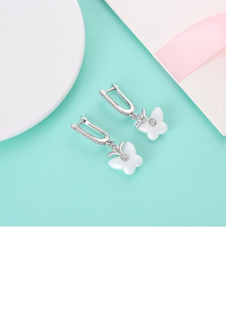 Sterling Silver Fashion Butterfly Earrings with White Ceramic and Crystal