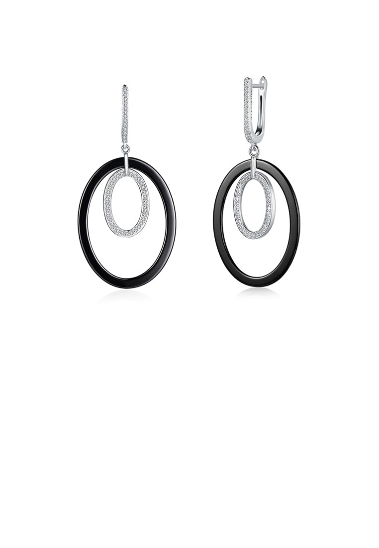 925 Sterling Silver Fashion Oval Earrings with Black Ceramic and Crystal