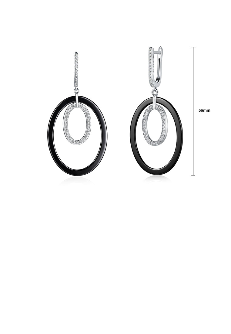 925 Sterling Silver Fashion Oval Earrings with Black Ceramic and Crystal