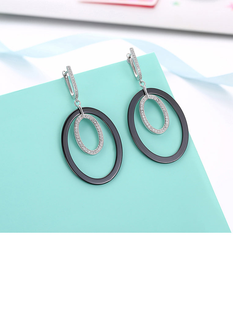 925 Sterling Silver Fashion Oval Earrings with Black Ceramic and Crystal